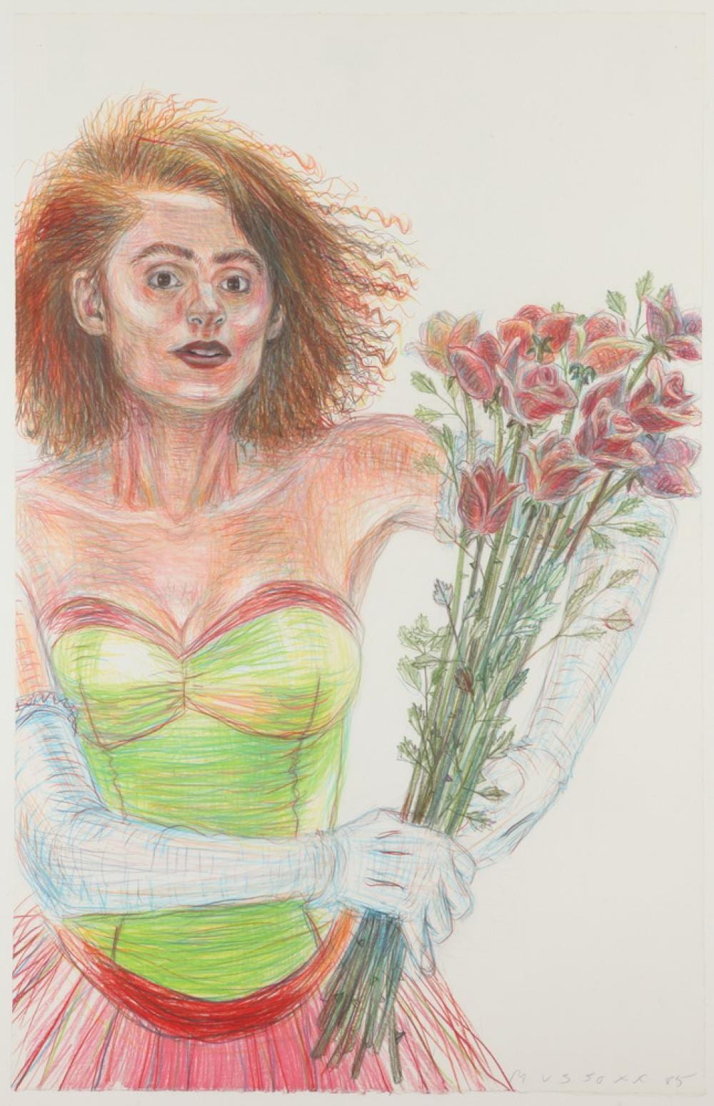 Jody Mussoff comparable auction result: jody mussoff american b 1952 woman holding roses signed and dated 85 lower right titled on verso colored pencil