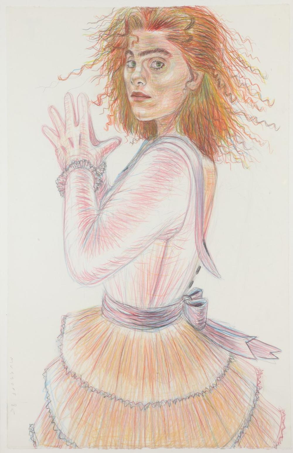 Jody Mussoff comparable auction result: jody mussoff american b 1952 red head in party dress signed and dated 85 lower left titled verso colored pencil
