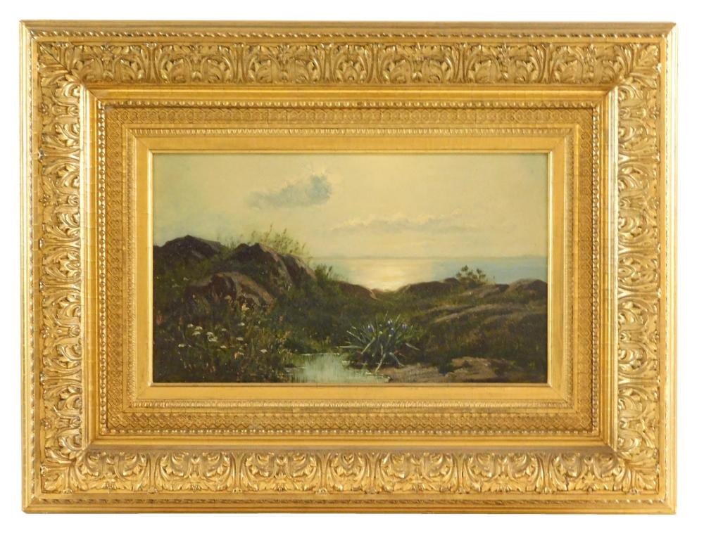 Frank Waller comparable auction result: frank waller american 1842 1923 sunny day at the water 1883 oil on panel depicts summer landscape with water in distance si