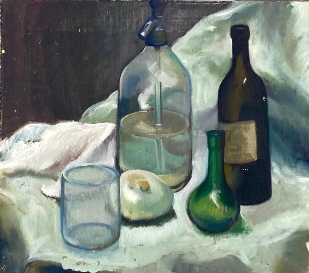 Paul Winchell comparable auction result: paul winchell oil still life with bottles and onion