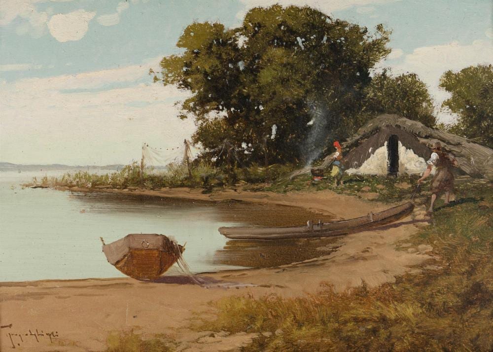 Neogrady Laszlo comparable auction result: neogrady laszlo hungarian 1896 1962 fisherman hauling boat ashore oil on panel 23 5x33 5cm