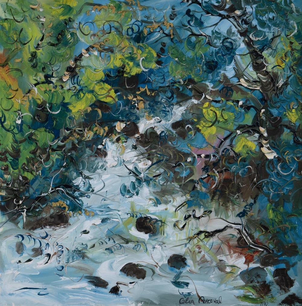 PERCEVAL Celia (b.1949), 'Stream At Rowlestown After Rain,' 1972., Oil on Canvas, 62x62cm sold by Davidson Auctions, lot 35 — auction record photograph