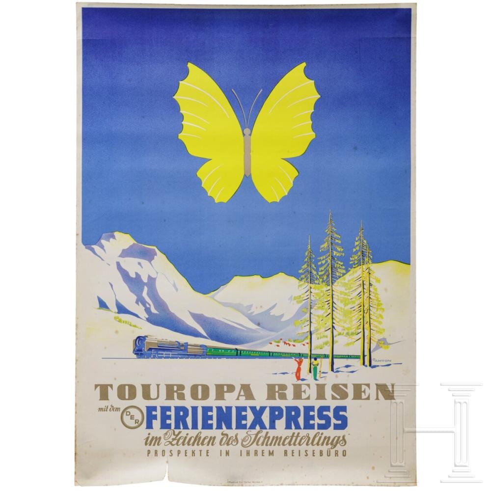 Ottomar Anton comparable auction result: ottomar anton an advertising poster for touropa reisen mit dem der ferienexpress im zeichen des schmetterlings 1953
