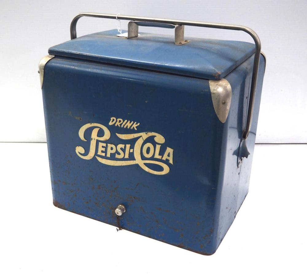 Pepsi Cola blue cooler with bottles sold by Chupp Auctions & Real Estate, LLC, lot 1038 — auction record photograph