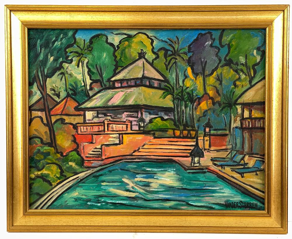 John Van der Sterren comparable auction result: john van der sterren view across the swimming pool original oil on canvas