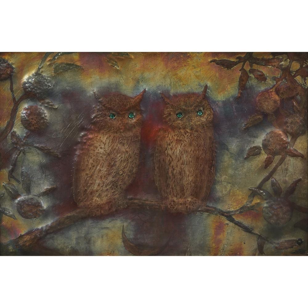 Maria Longworth Nichols comparable auction result: maria longworth nichols storer 1849 1932 rare repouss copper sheet featuring two owls perched in a chestnut tree with a crescent
