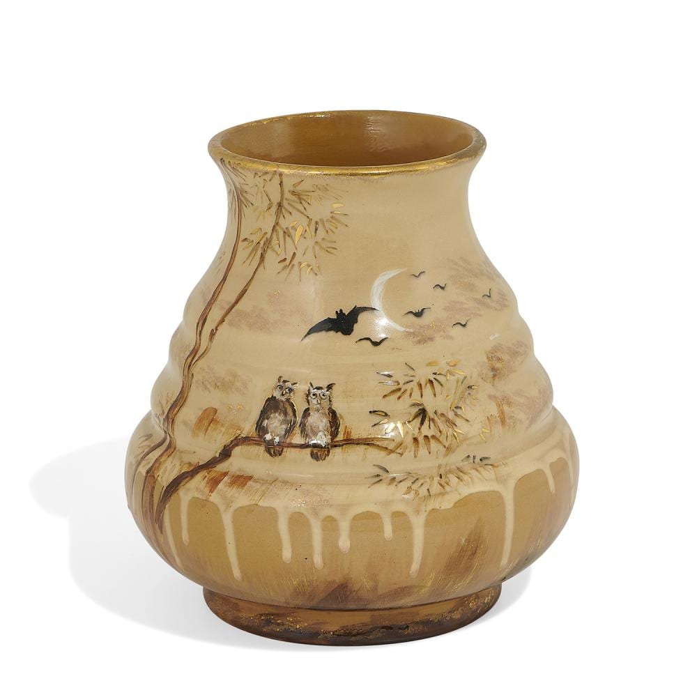 Maria Longworth Nichols comparable auction result: maria longworth nichols storer 1849 1932 for rookwood pottery classic nichols earthenware vase with owls bats crescent moon and