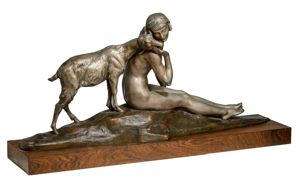 Alexandre Morlon comparable auction result: alexandre morlon 1878 1951 a seated young woman with goat silver plated bronze on a wooden base h 41 5 w 81 5 cm