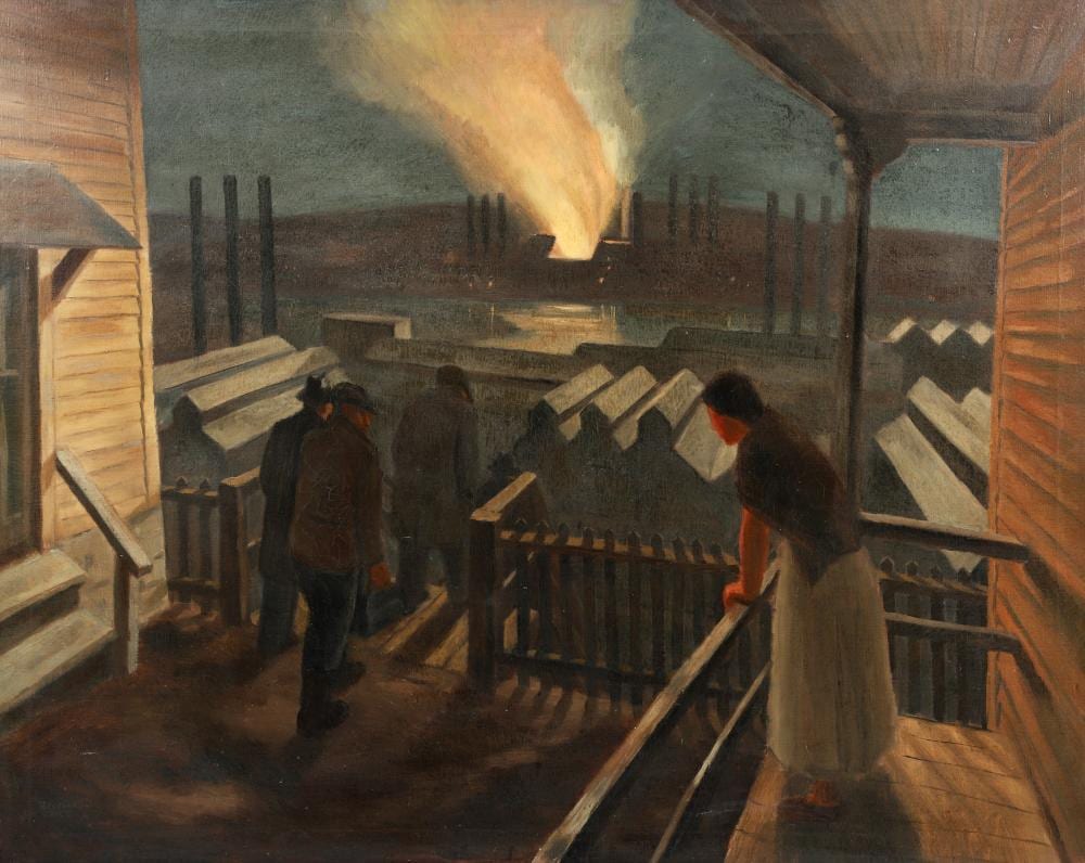 Richard Crist comparable auction result: richard crist 1937 painting workers descending to the mills on the mon