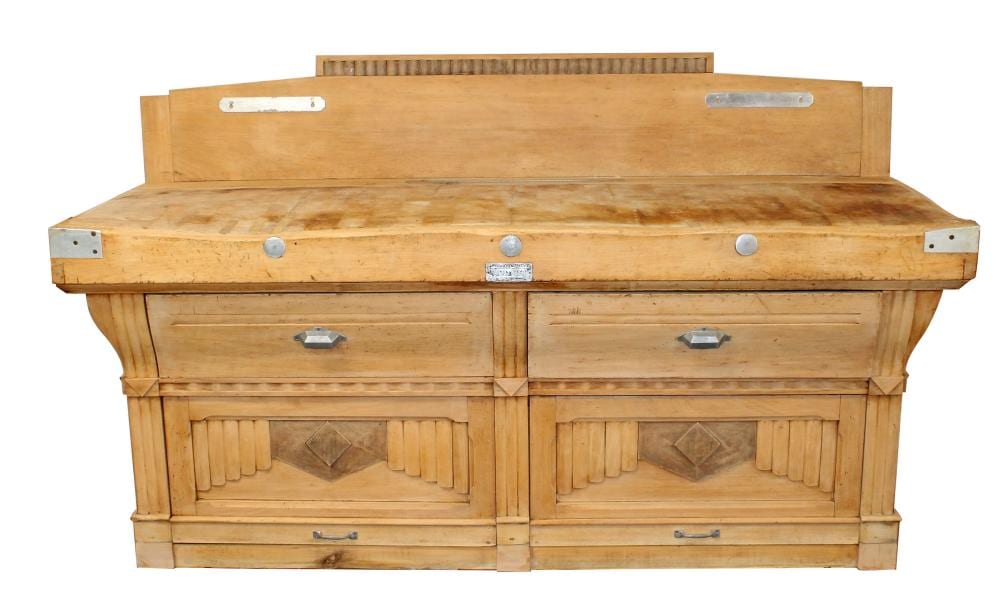 Antique-style wooden butcher block worktable with two drawers and a hinged lid, shown front view against a white background.