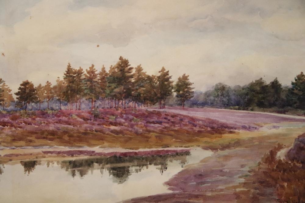 Frederick Leighton comparable auction result: frederick leighton watercolour 44cm x 28cm pine forest setting with pond metal frame with glass signed lower right