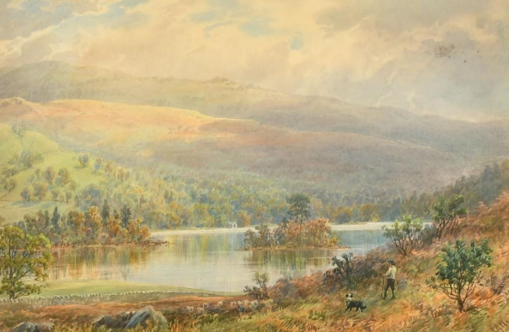 Ebenezer Alfred Warmington comparable auction result: ebenezer alfred warmington 1830 1903 british a man and his dog by a mountain lake watercolour signed with