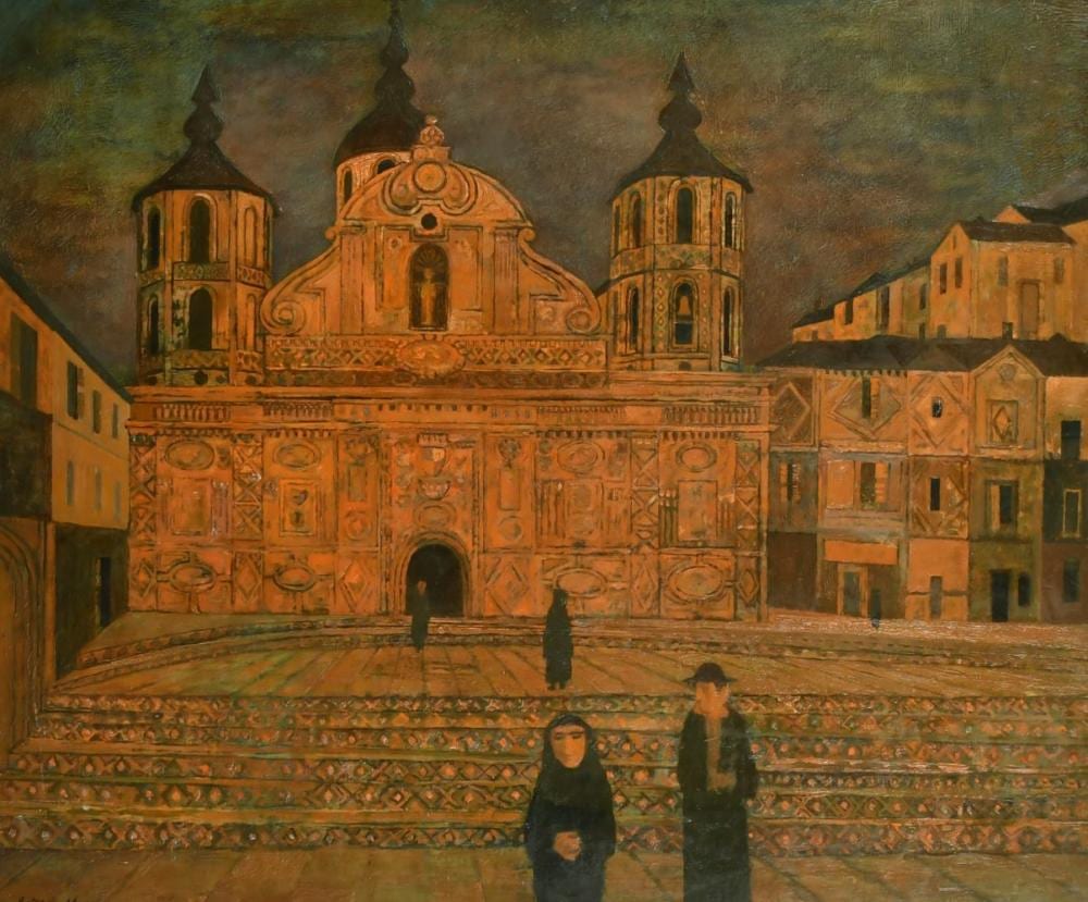 frank bateson mason 1910 1977 british a continental church with figures oil on board signed 20 x 24 i · John Nicholson's Fine Art Auctioneers & Valuers · 2022-06-08 Bateson Mason comparable auction result: frank bateson mason 1910 1977 british a continental church with figures oil on board signed 20 x 24 i