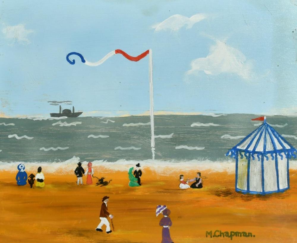 Margaret Chapman comparable auction result: margaret chapman 1940 2000 british figures on a french beach and a paddle steamer ship beyond oil on board