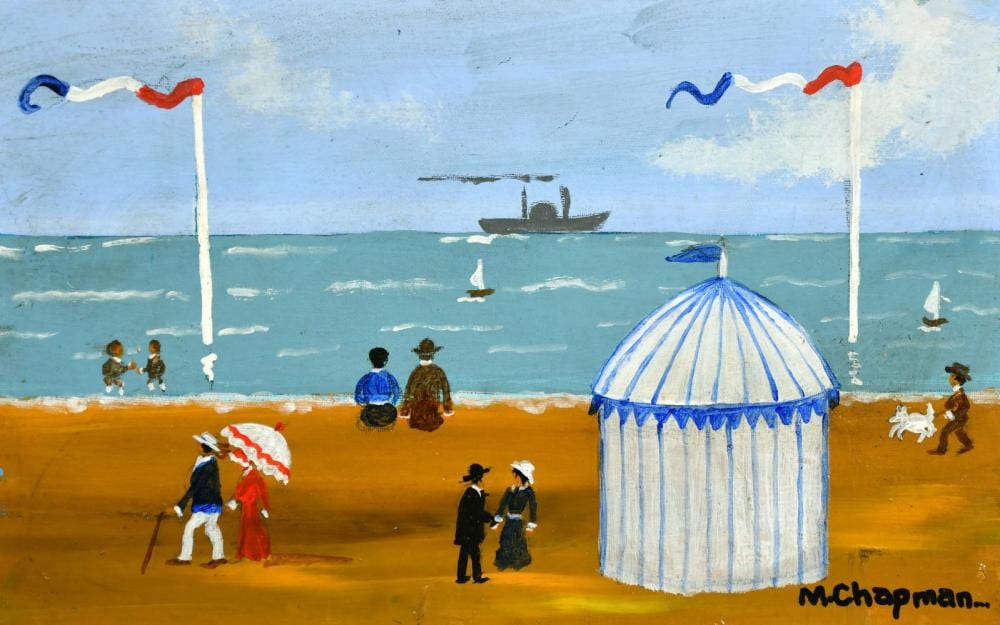 Margaret Chapman comparable auction result: margaret chapman 1940 2000 british figures on a french beach with figures and a blue and white tent with a