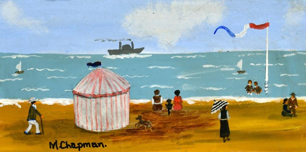 Margaret Chapman comparable auction result: margaret chapman 1940 2000 british figures on a french beach with figures children paddling and a pink and