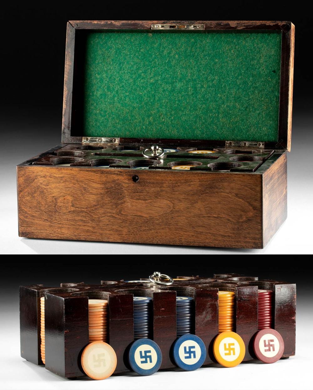 Wooden case opened to show poker chips in a molded tray with a green felt-lined lid and a metal latch.