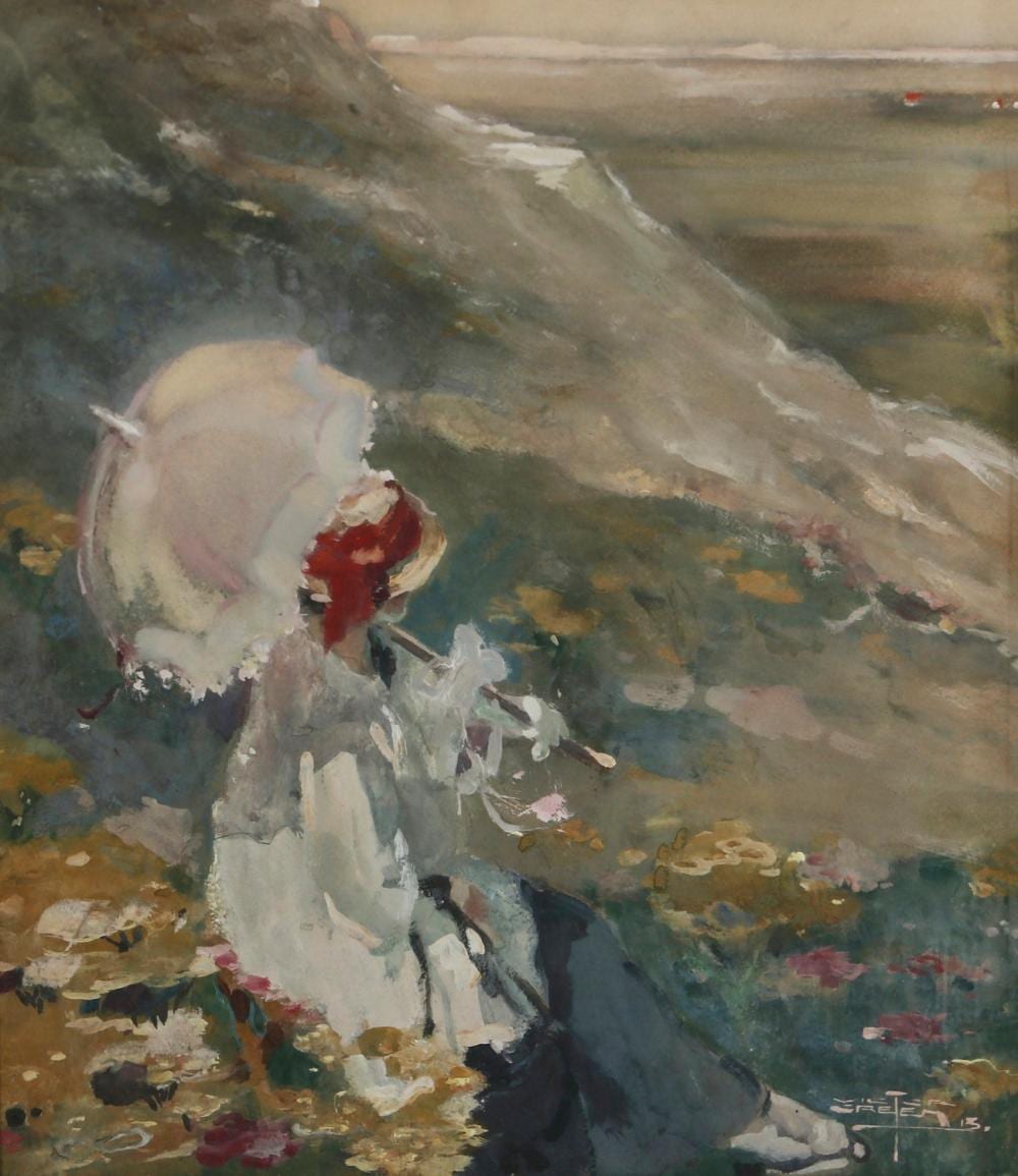 Victor Creten comparable auction result: victor creten belgian 1878 1966 seated woman with a white parasol 1913 gouache on board 21 x 18in 53 x 46cm