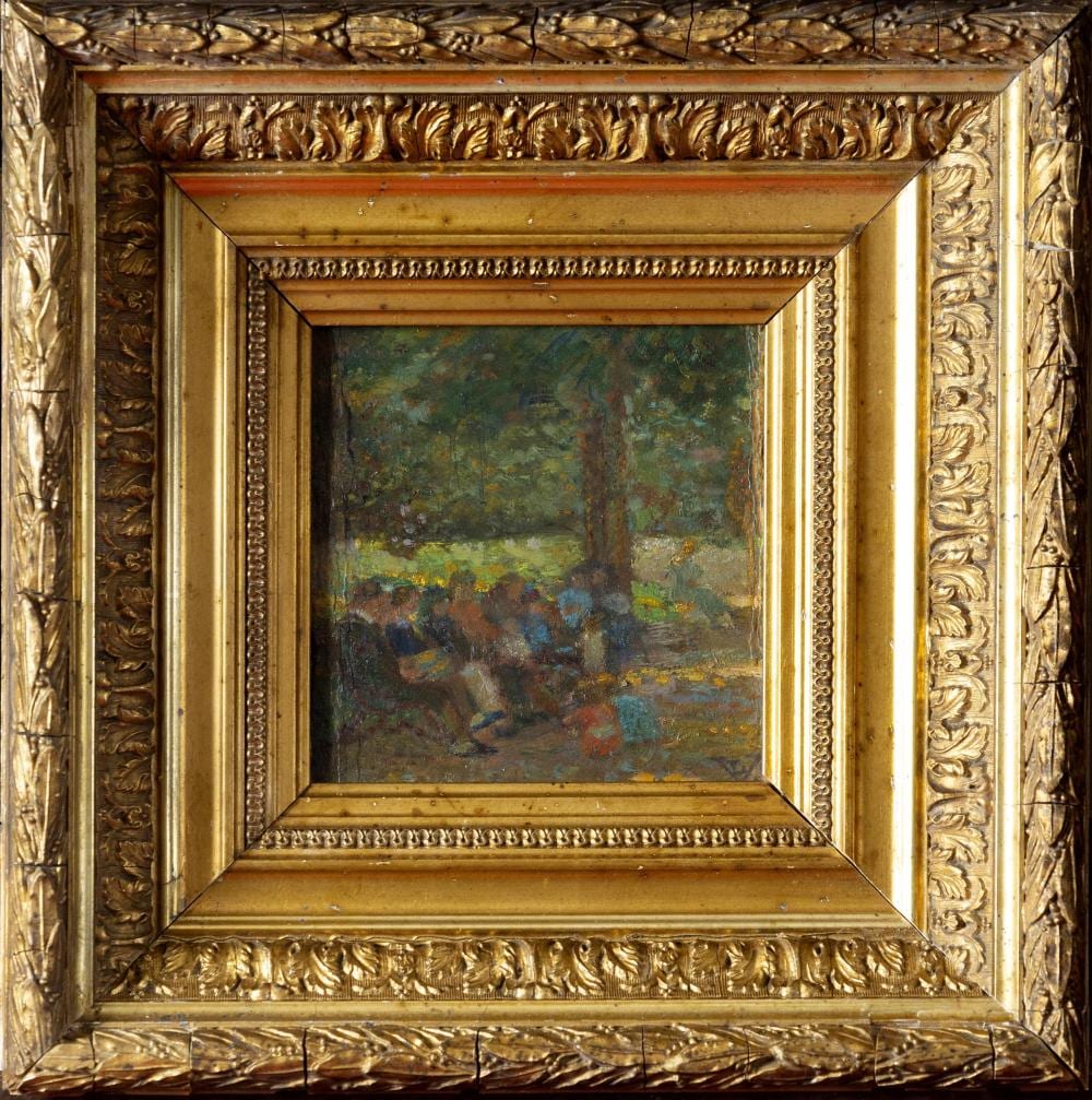 Ludovic Vallée comparable auction result: ludovic vall e 1864 1939 personnages assis au parc montsouris huile sur carton monogramm en bas