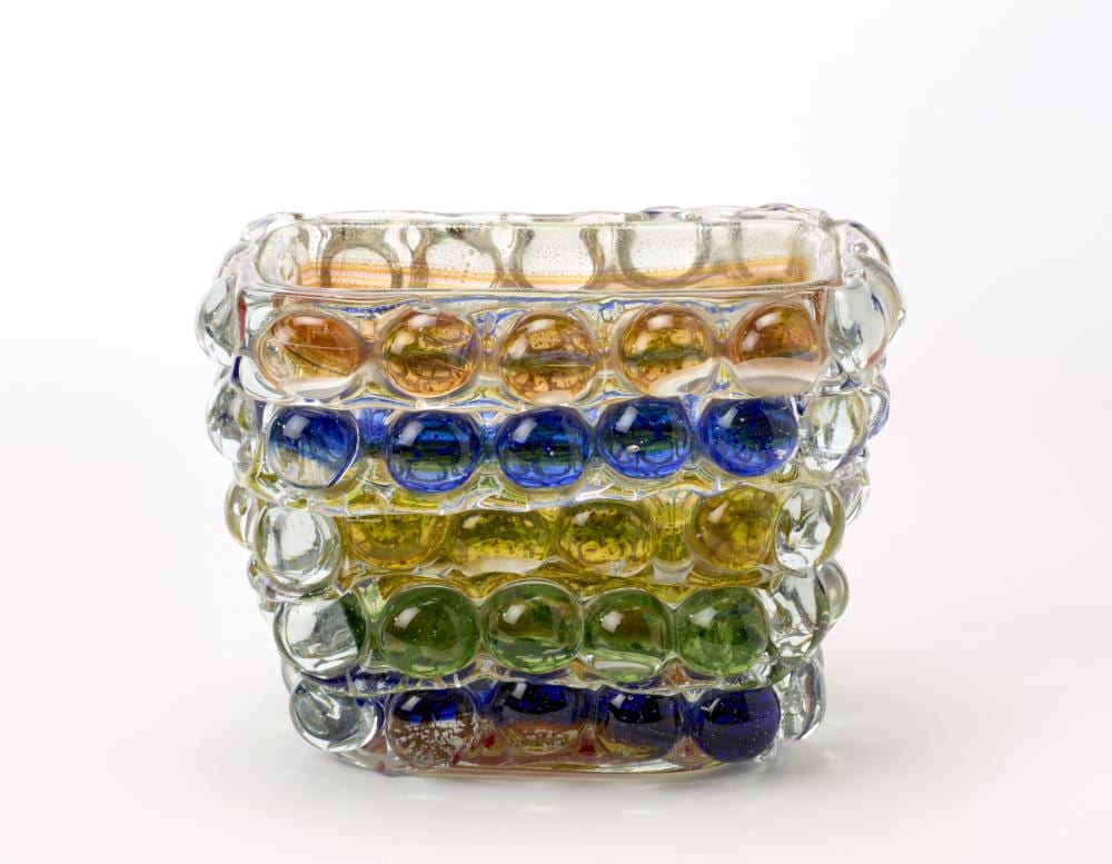 Ercole Barovier Vase with tapered quadrangular section body of the series "Lenti". Execution by Barovier & Toso, Murano, 1960s. Sommerso polychrome glass. (28x21x7.5 cm.) Provenance Private collection, Milano... sold by Il Ponte Auction House, lot 94 — auction record photograph