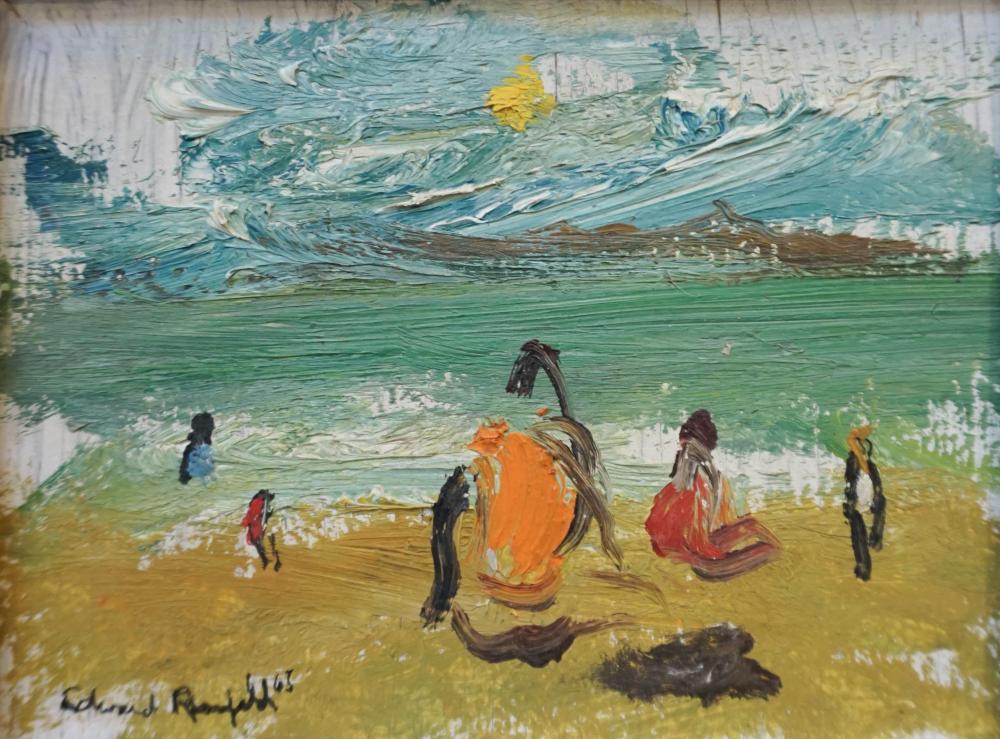 Edward Rosenfeld comparable auction result: edward rosenfeld american 1906 1983 on the beach 1965 oil on panel signed l l panel 4 3 8 x 5 1 2 in 11 11 x 13 97 cm frame 8 3 8 x 9 5 8 in 21 27 x 24 45 cm