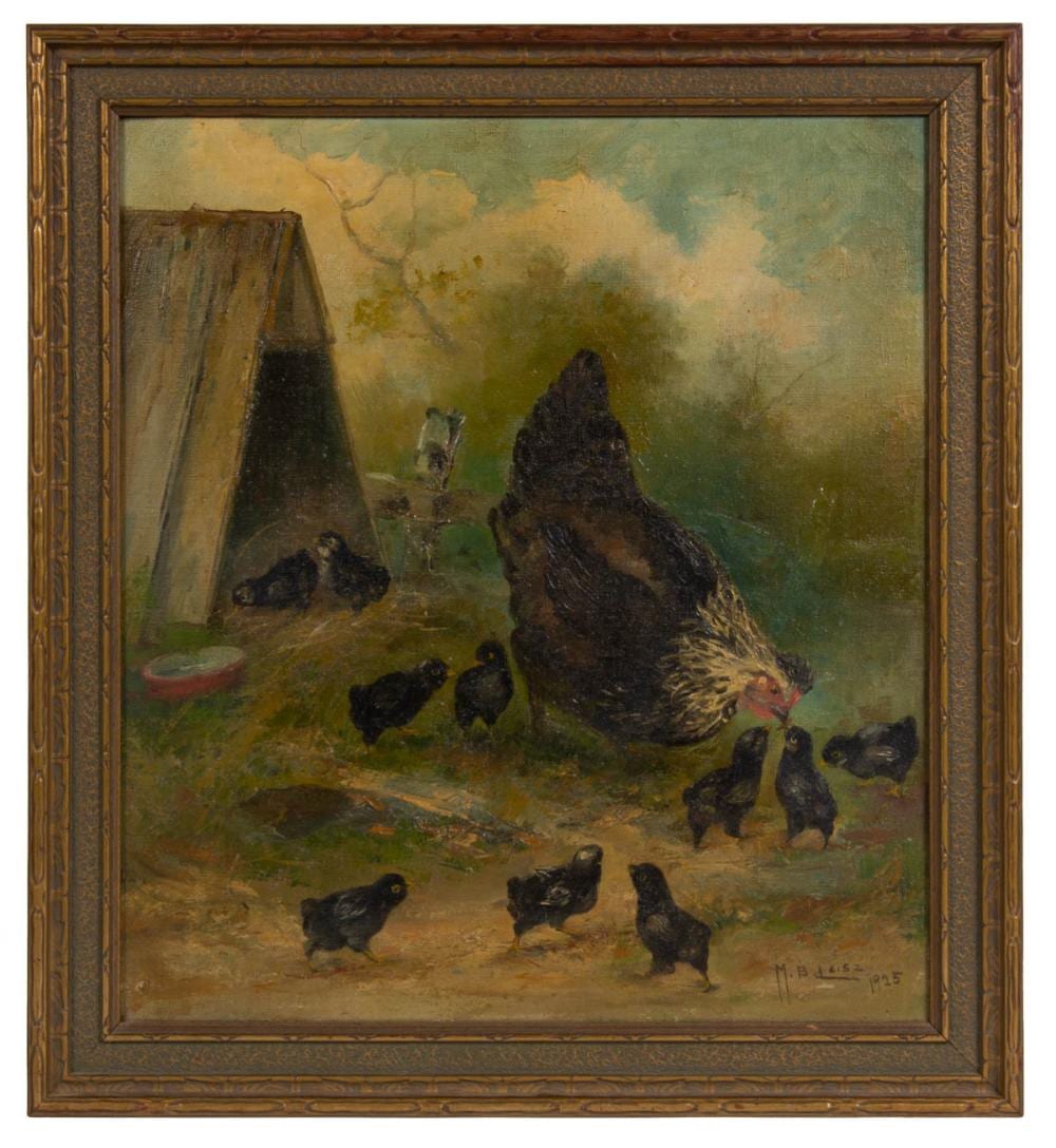 mary b leisz american 1876 1935 farmyard scene with chickens · Jeffrey S. Evans & Associates · 2022-06-25 Mary B. Leisz comparable auction result: mary b leisz american 1876 1935 farmyard scene with chickens