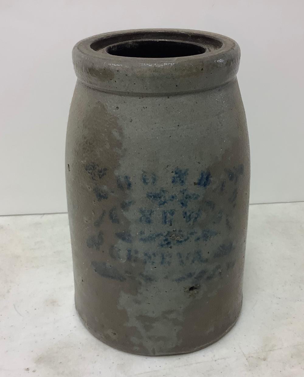Antique salt glazed stoneware crock 10” Tall sold by Apple Tree Auction Center, lot 4539 — auction record photograph
