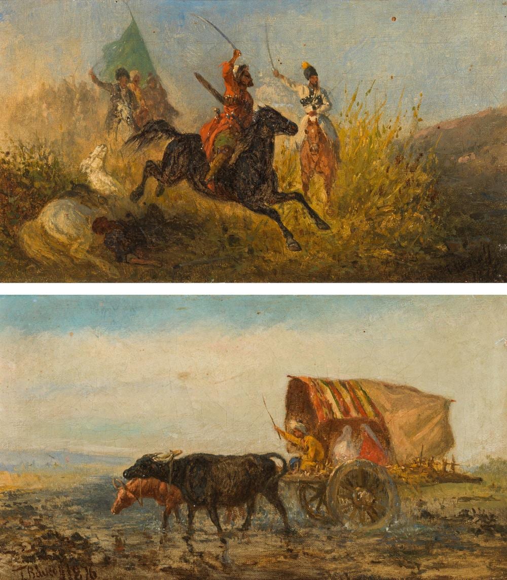 Theodore VanSoelen comparable auction result: theodor fedor baikoff mixed lot 2 pieces covered wagon with oxen caucasian horsemen fight