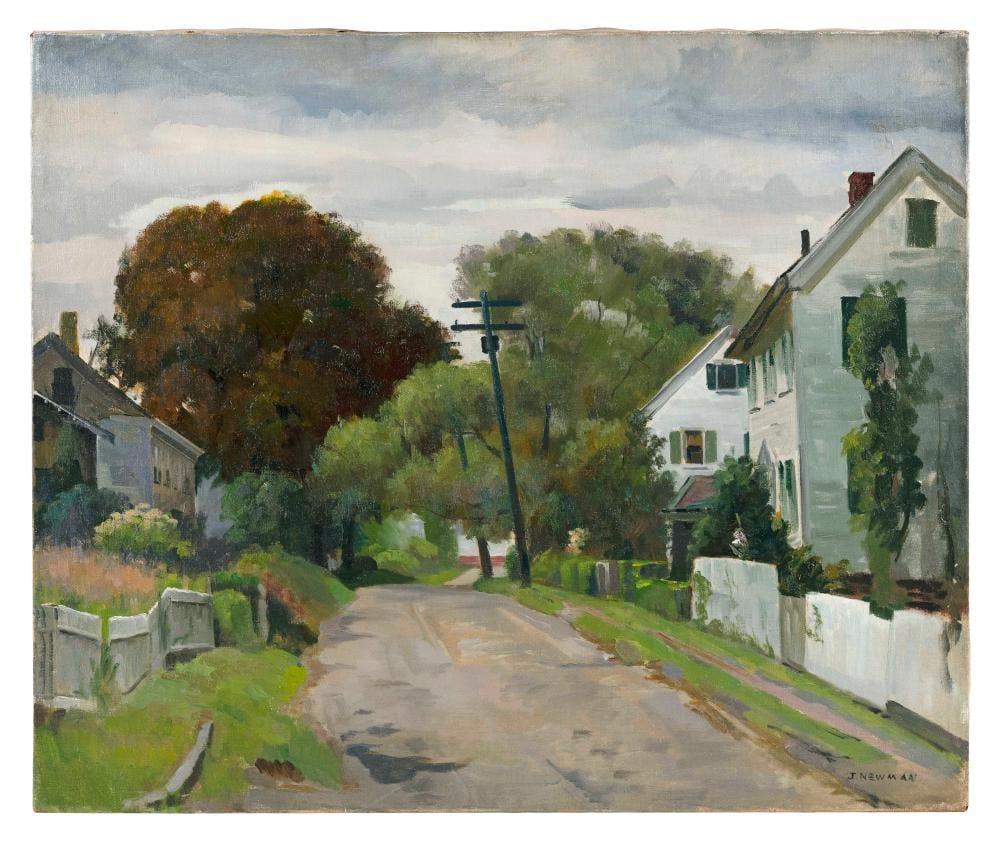 JOSEPH NEWMAN (New York, 1890-1979), "Gott Street Rockport, Mass"., Oil on canvas, 25" x 30". Unframed. sold by Eldred's, lot 2694 — auction record photograph