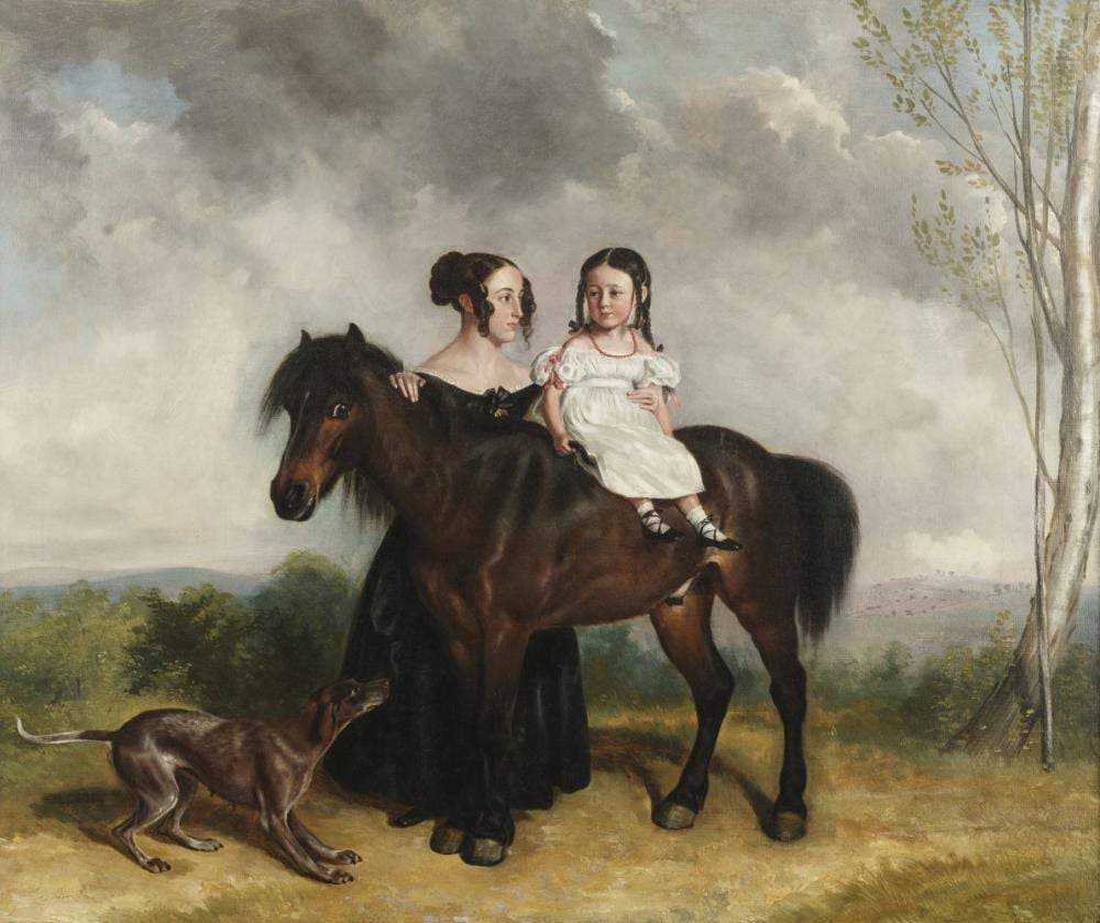 Friedrich Wilhelm Keyl comparable auction result: friedrich wilhelm keyl german 1823 1871 a mother and daughter with pony in a landscape with a dog nearby
