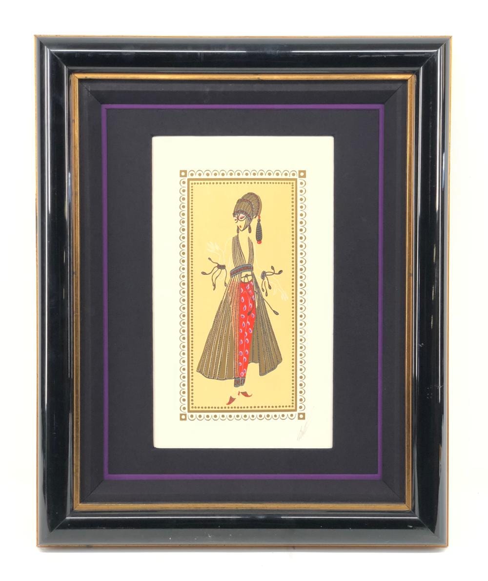 Framed fashion-themed lithograph print showing a stylized female figure in a patterned dress with a headpiece, outlined by a decorative border.