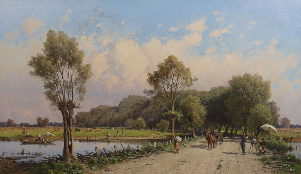 aleksander swieszewski polish 1839 1895 water meadows in poland a wooded landscape with a river an artist sketching to the right oil on canvas 51 x 87cm · Gorringes · 2022-06-28 Aleksander Swieszewski comparable auction result: aleksander swieszewski polish 1839 1895 water meadows in poland a wooded landscape with a river an artist sketching to the right oil on canvas 51 x 87cm