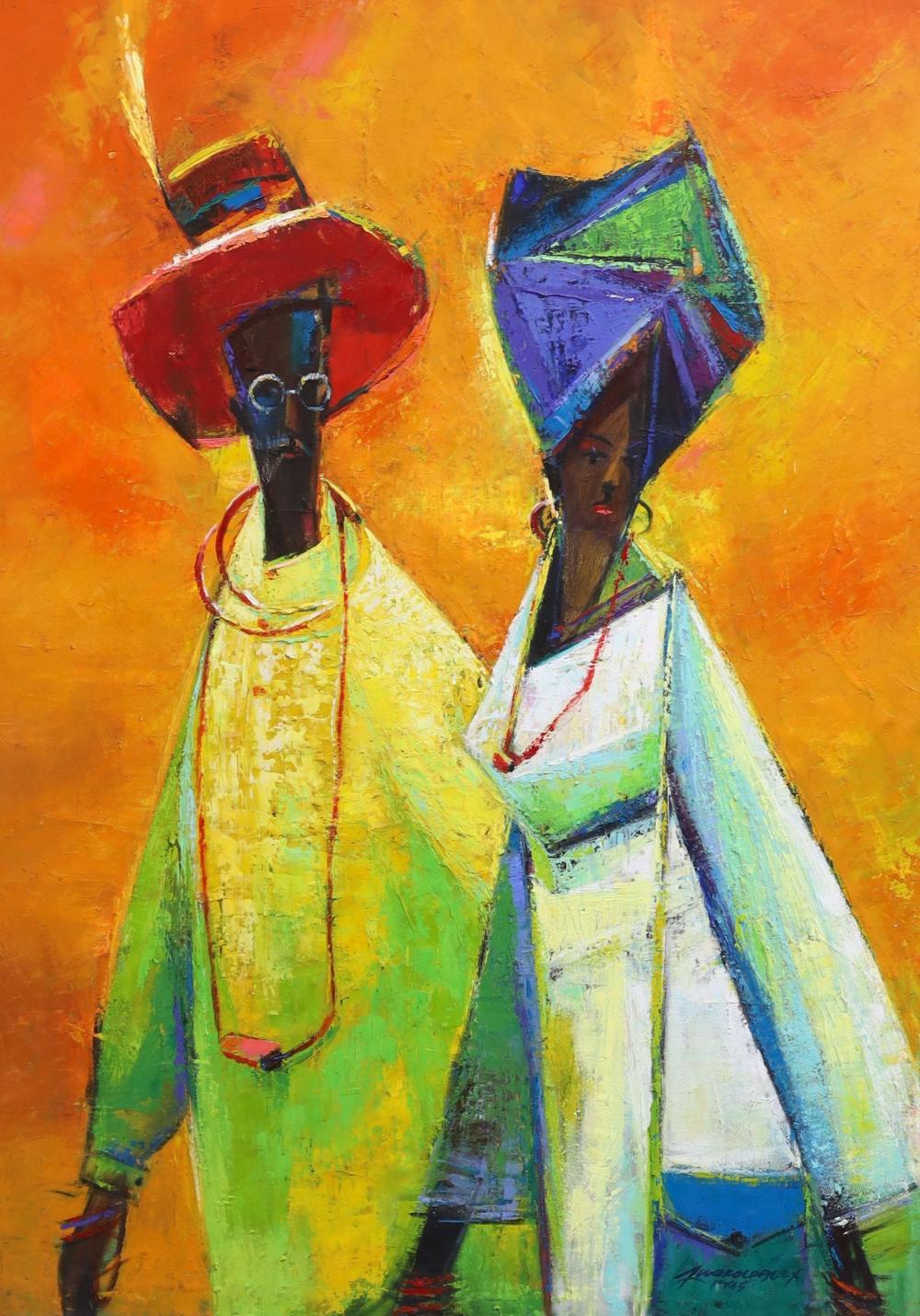 ALEX NWOKOLO comparable auction result: alex nwokolo nigerian b 1963 stepping out oil on canvas 89 5 x 64cm