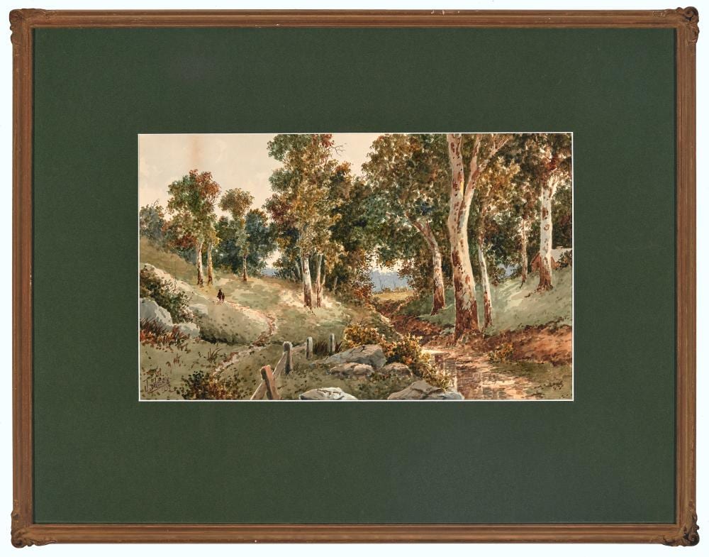 Jan DeLeener comparable auction result: jan de leener 1873 1944 stroll along the creek near launceston 1930 watercolour 32 x 52 cm frame 64 x 82 x 2 cm