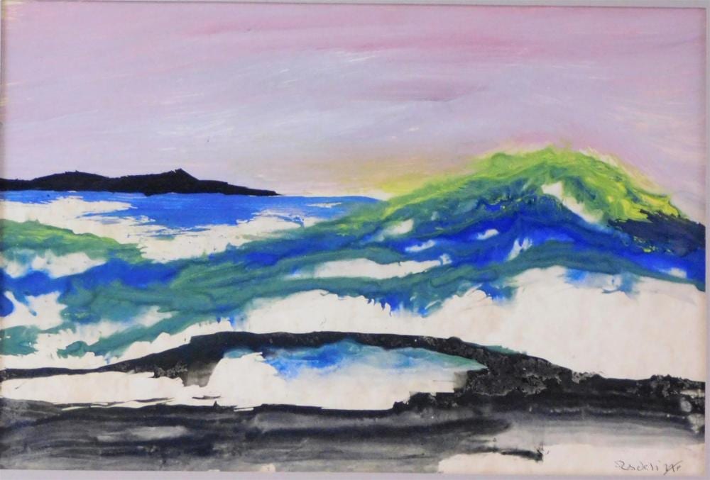 Howard Rackliffe comparable auction result: howard rackliffe american 1917 1987 dunes 1977 gouache on paper ocean and shore under violet sky signed in ink lower righ