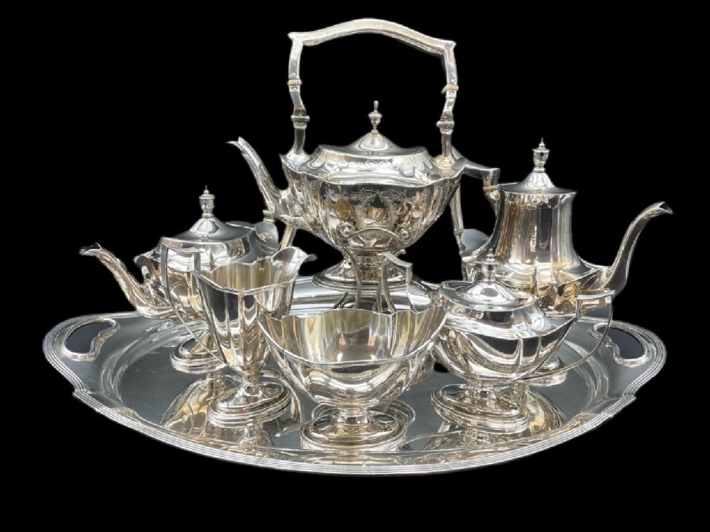 Auction comp thumbnail for GORHAM STERLING SILVER PLYMOUTH TEA SET & TRAY (DejaVu Estate Sales & Auctions, Lot 198)