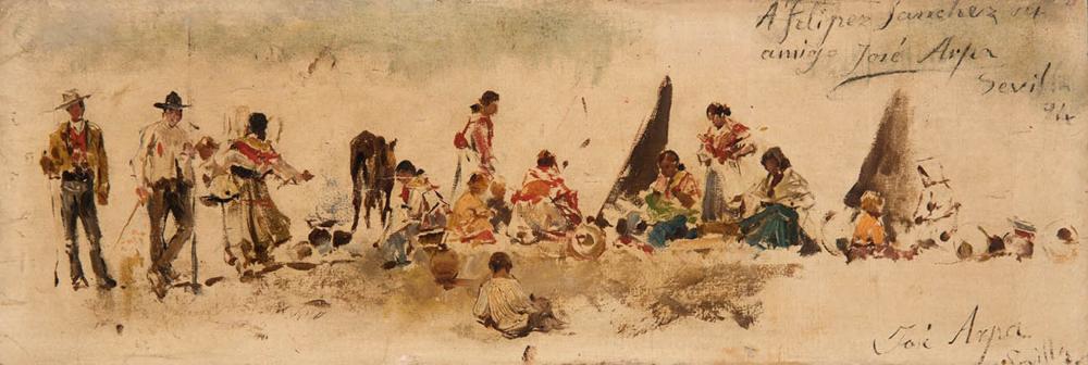 Jose Arpa comparable auction result: jos arpa perea carmona 1858 seville 1952 canasteras gypsy women of seville 1894 oil on canvas glued to panel signed dated dedicated and located seville