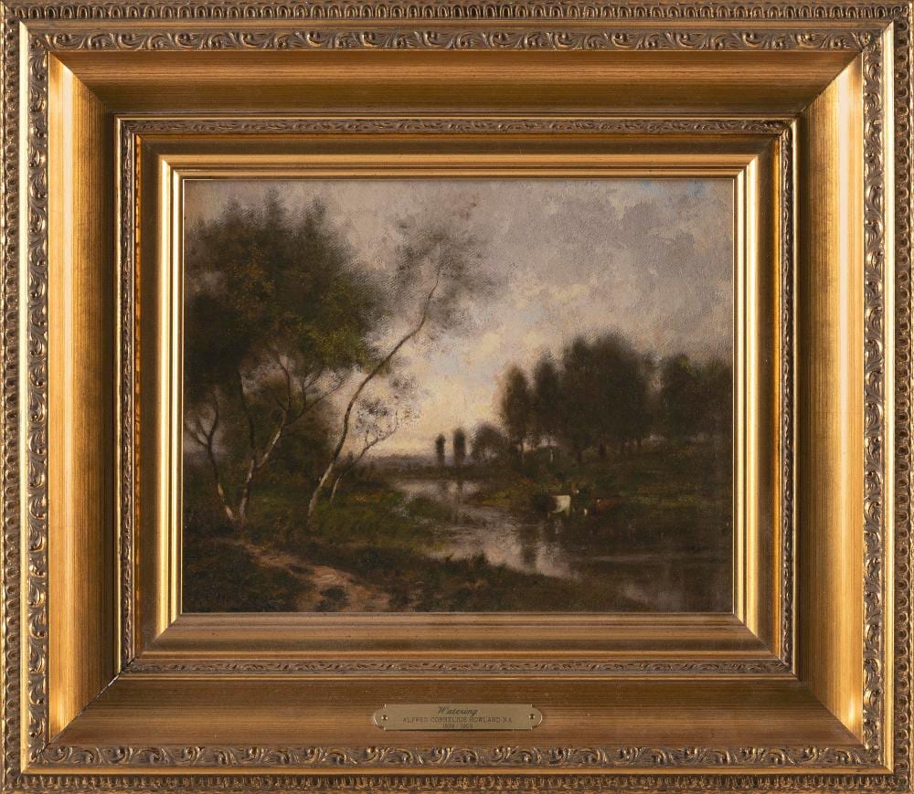 Alfred Cornelius Howland comparable auction result: alfred cornelius howland new york california massachusetts new hampshire europe 1838 1909 watering oil on board 8 x 10 framed 14 5 x 16 5