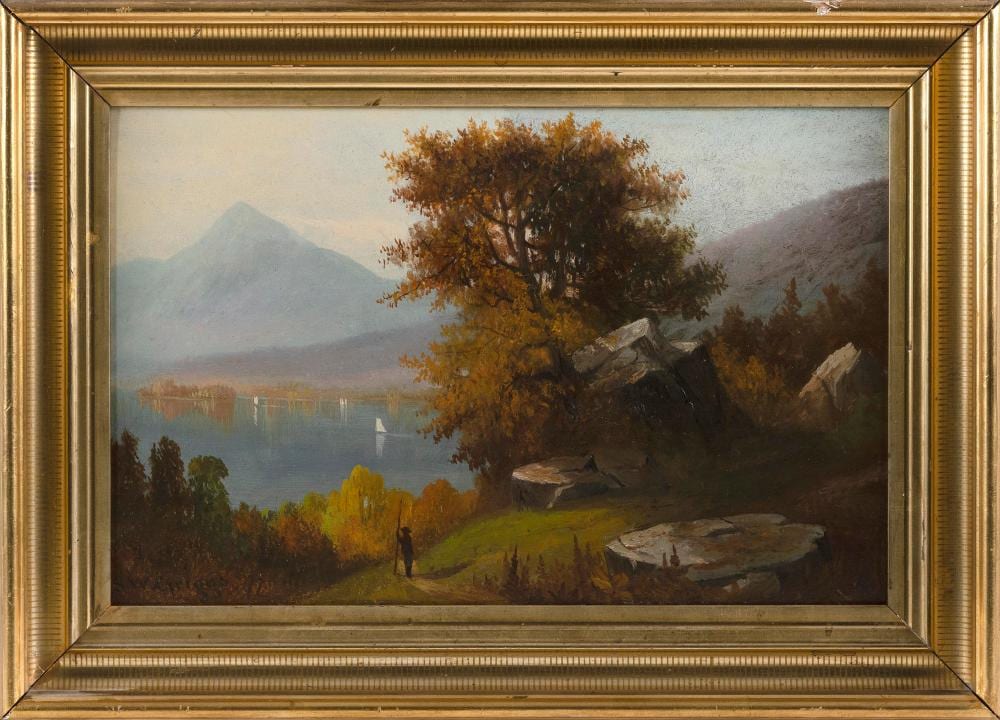 Samuel W. Griggs comparable auction result: samuel w griggs massachusetts 1827 1898 landscape likely lake george oil on board 11 x 17 framed 16 x 22
