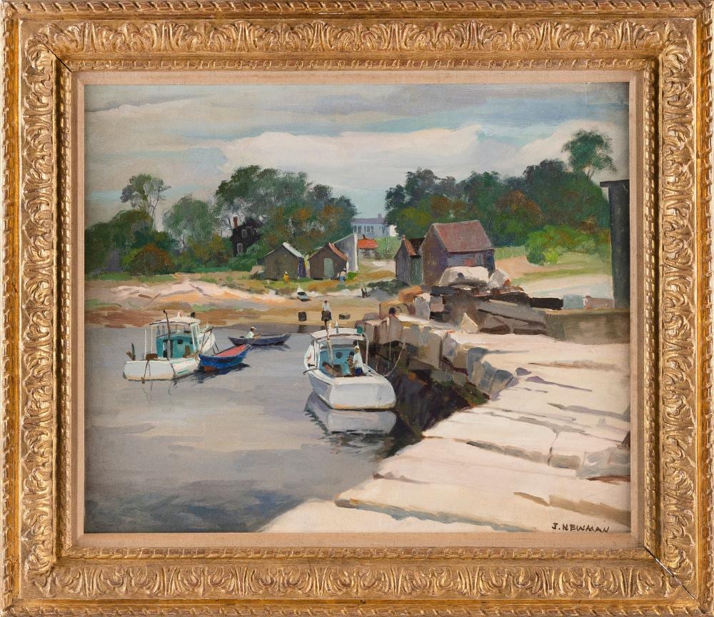 JOSEPH NEWMAN (New York, 1890-1979), Harbor scene, North Shore, Massachusetts., Oil on canvas board, 20" x 24". Framed 26" x 30". sold by Eldred's, lot 2695 — auction record photograph