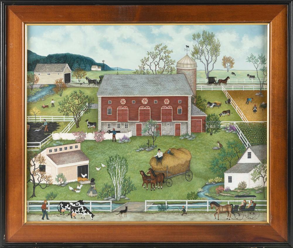 LINDA NELSON STOCKS (America, 1938-2011), Barnyard scene., Oil on canvas, 20" x 24". Framed 24" x 28". sold by Eldred's, lot 2359 — auction record photograph