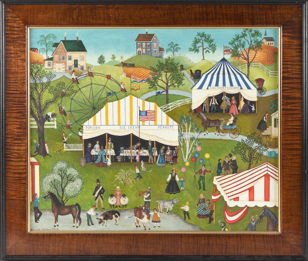 LINDA NELSON STOCKS (America, 1938-2011), A county fair., Oil on canvas, 20" x 24". Framed 24" x 28". sold by Eldred's, lot 2358 — auction record photograph