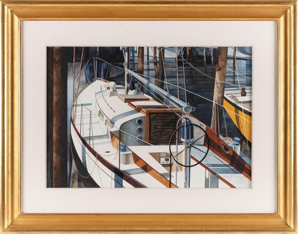 Edmund D. Lewandowski comparable auction result: edmund d lewandowski wisconsin florida 1914 1998 inlet marina circa 1995 watercolor and gouache on paper 17 x 25 framed 28 x 36
