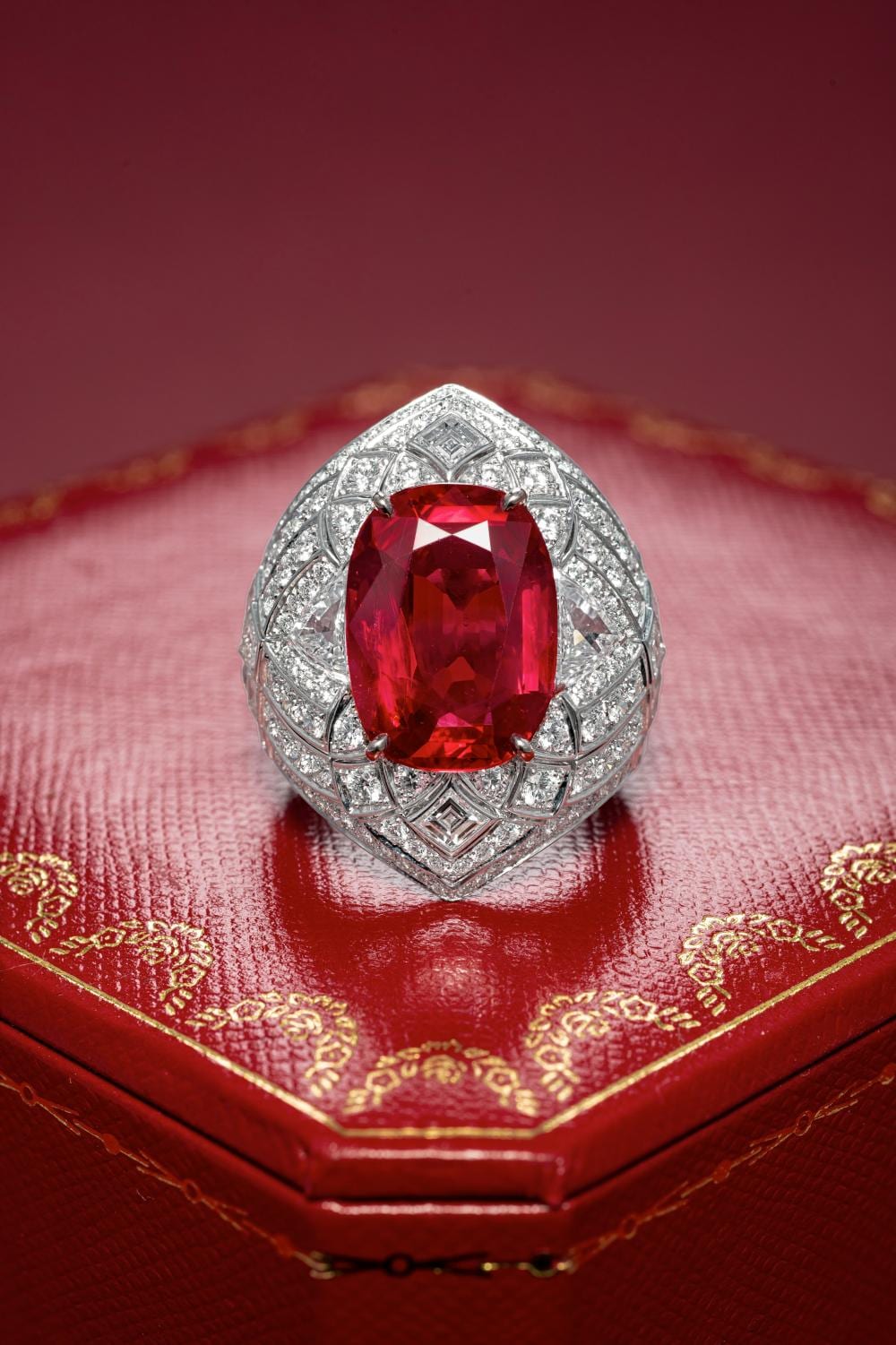 PROPERTY OF AN IMPORTANT COLLECTOR / THE FLEUR DE LOTUS RING A RARE AND EXCEPTIONAL 8.388 CARAT BURMESE RUBY AND DIAMOND RING, BY Cartier comparable sale