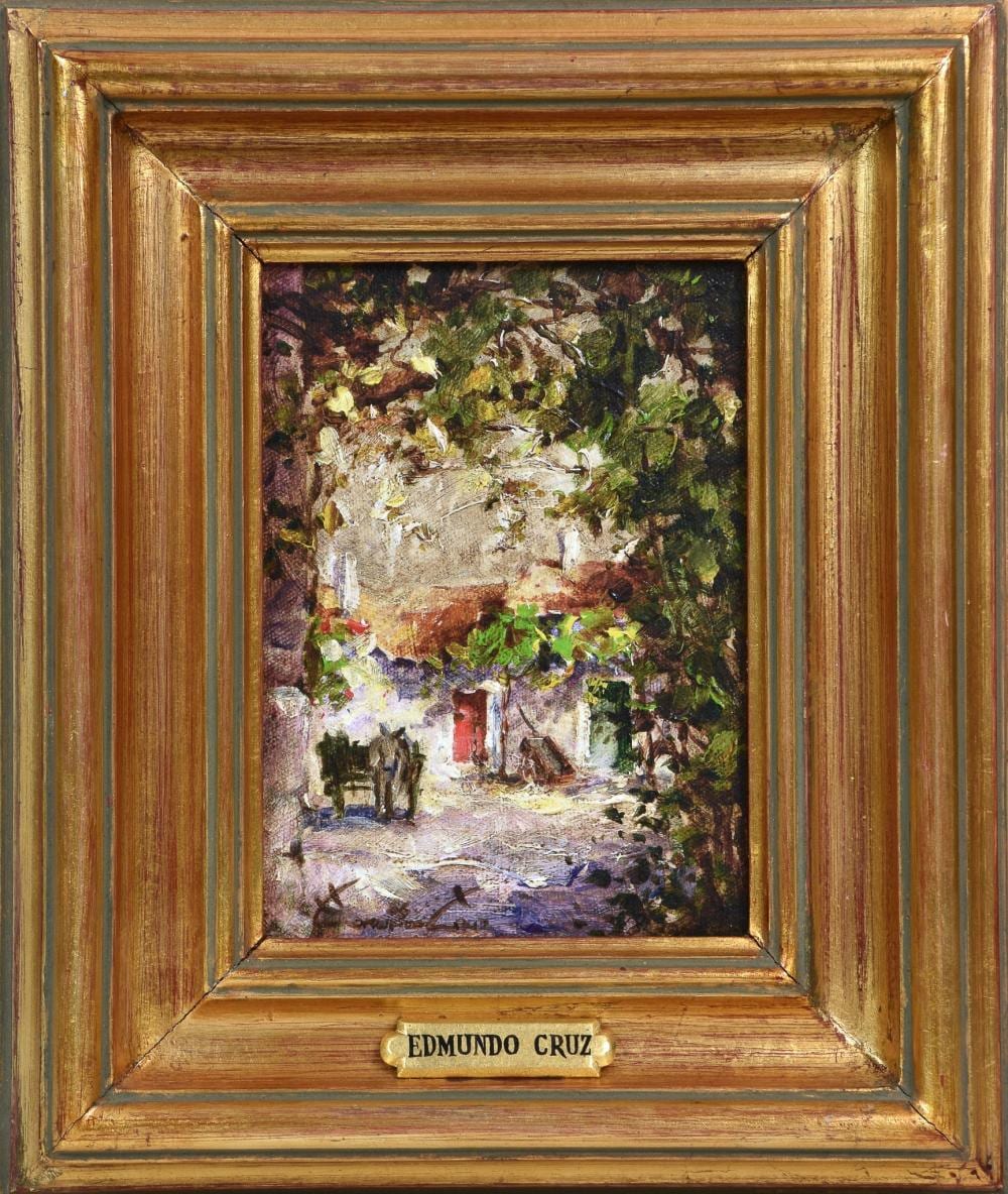 Edmundo Cruz comparable auction result: edmundo cruz b 1928 b alta village street scene oil on canvas signed dated 1986 and inscribed verso in gilt cavetto frame 7 x 5in 17 75 x 12 75cm good condition