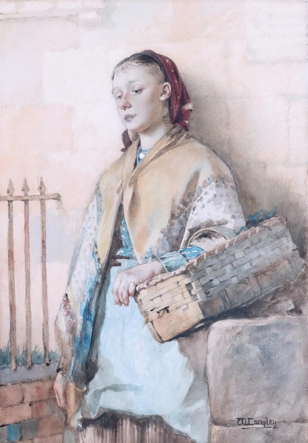 Walter Langley comparable auction result: walter langley british 1852 1922 young woman with a basket watercolour signed w langley lower right