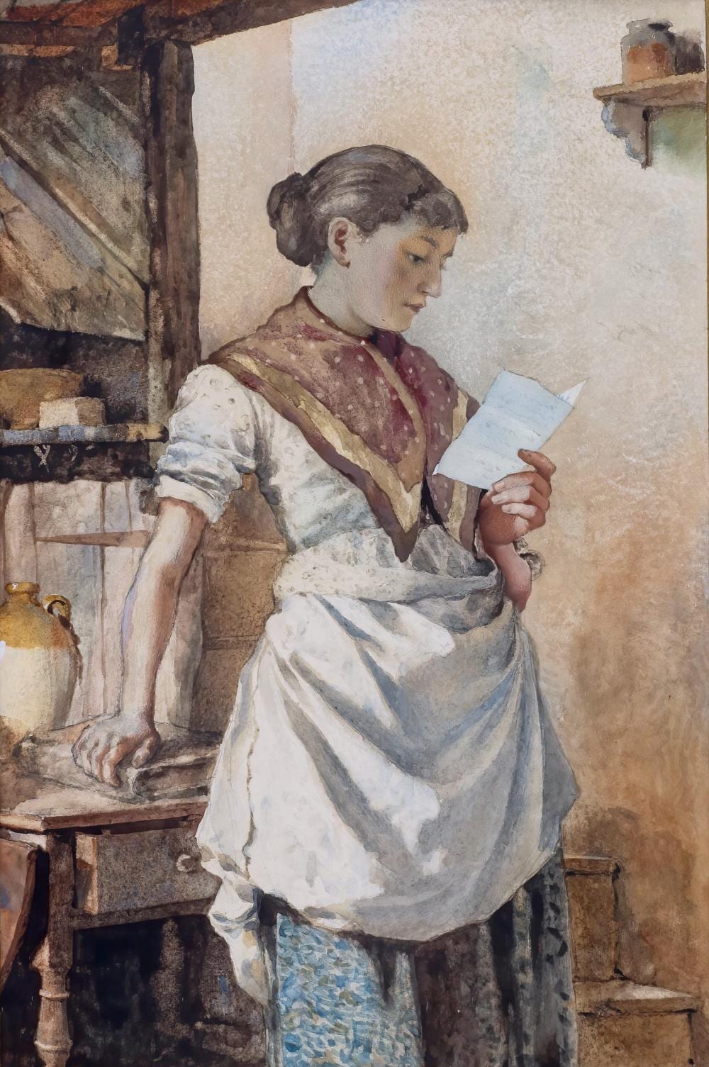 Walter Langley comparable auction result: walter langley british 1852 1922 young woman reading a letter watercolour unsigned