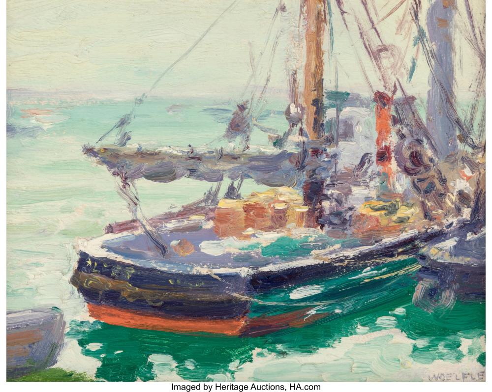 Arthur Woelfle comparable auction result: arthur w woelfle american 1873 1936 fishing boat oil on board 8 x 10 inches