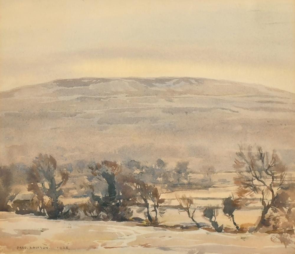 Frederick Lawson comparable auction result: fred lawson 1888 1968 british an extensive landscape with trees below hills watercolour signed and dated