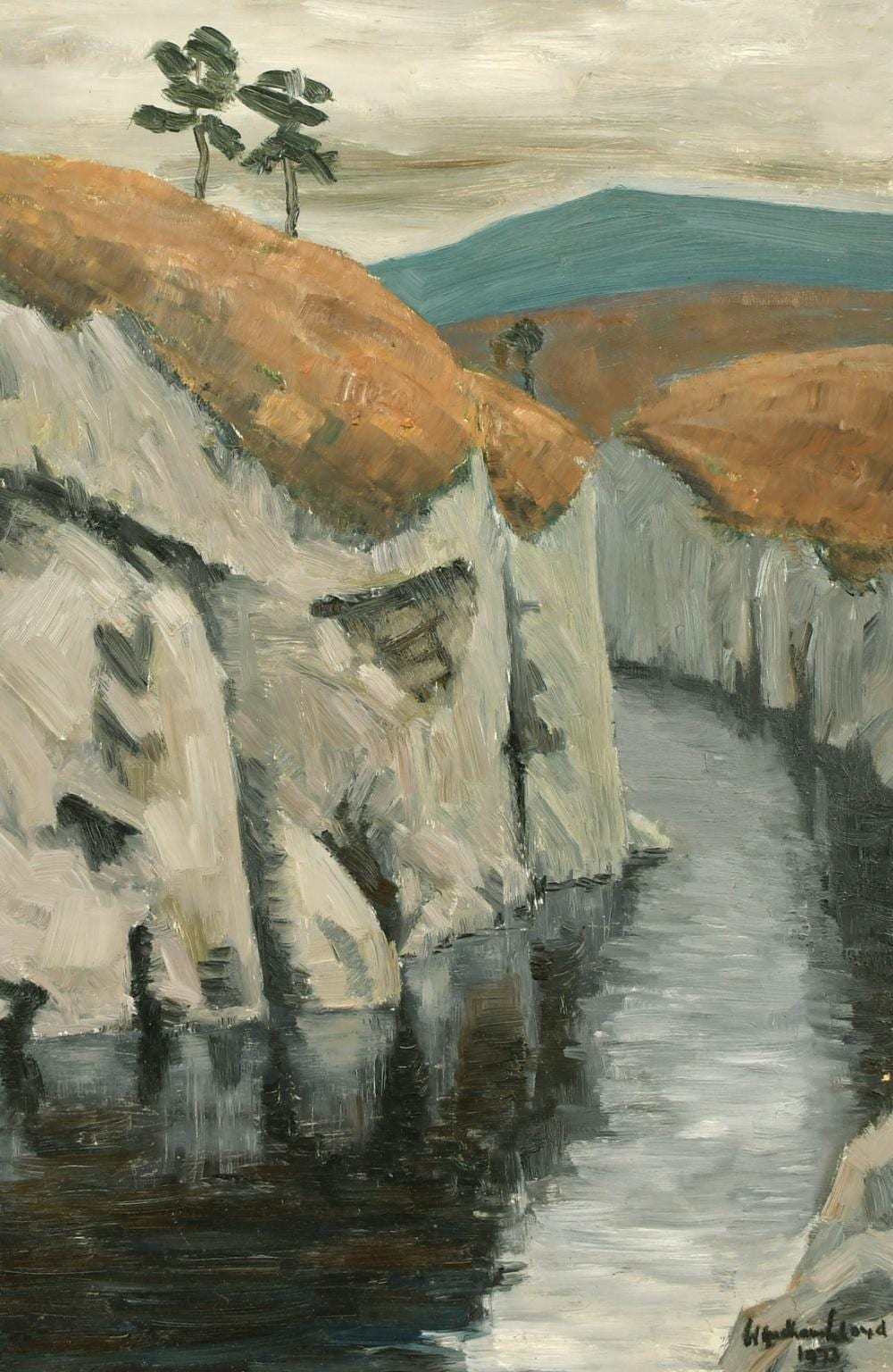 Wyndham Lloyd comparable auction result: wyndham lloyd 1909 1997 a river running through a landscape oil on board signed and dated 1973 15 75 x